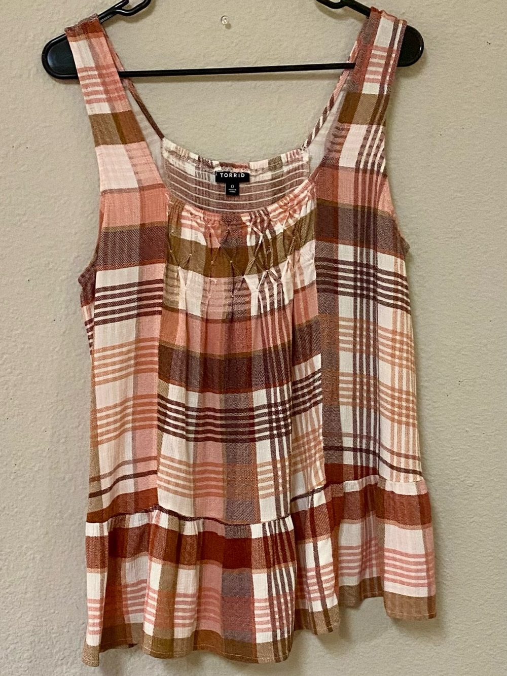 Torrid Pink, Brown & Cream Plaid Peplum Tank - Quick List For Live